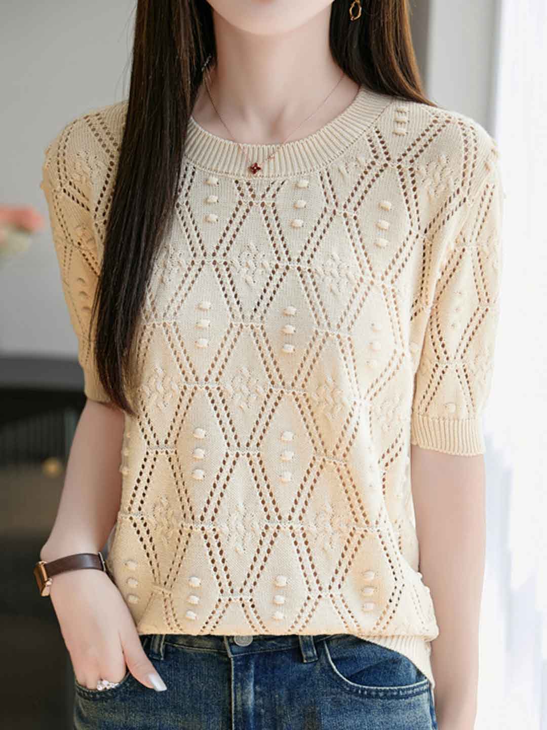 Genesis Loose Crew Neck Hollowed Knitted Top