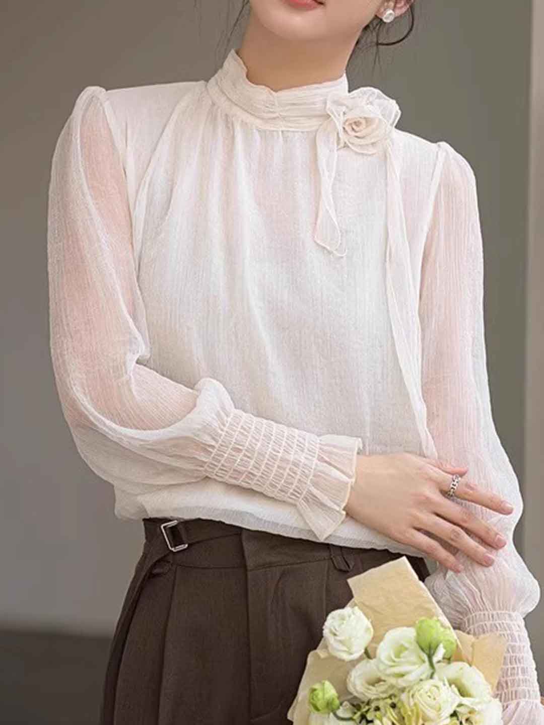Ava Elegant Half Turtleneck Floral Chiffon Top