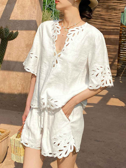 Amelia Vacation V-Neck Flare Sleeve Embroidered Top