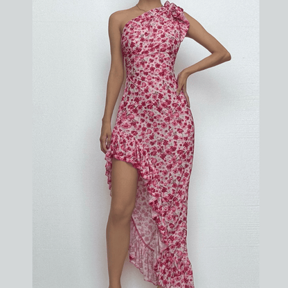 One shoulder knotted slit flower print ruffle maxi dress-final-sale