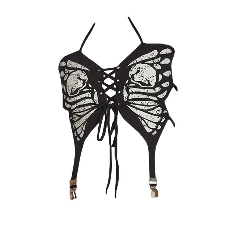 Halter butterfly print lace up backless top