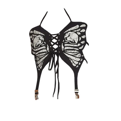 Halter butterfly print lace up backless top