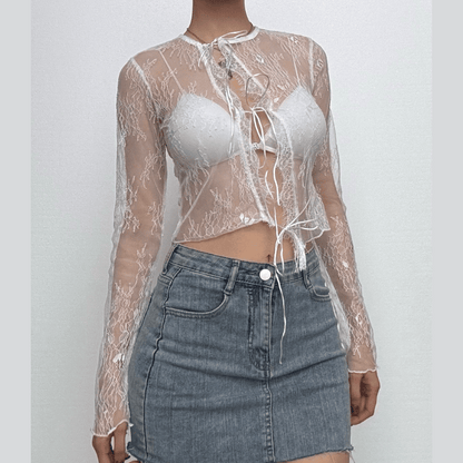 Long sleeve lace see through self tie top