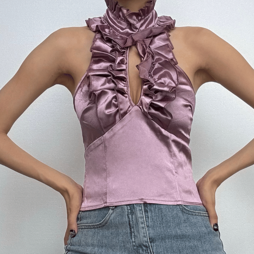 Halter ruffle ruched satin backless top