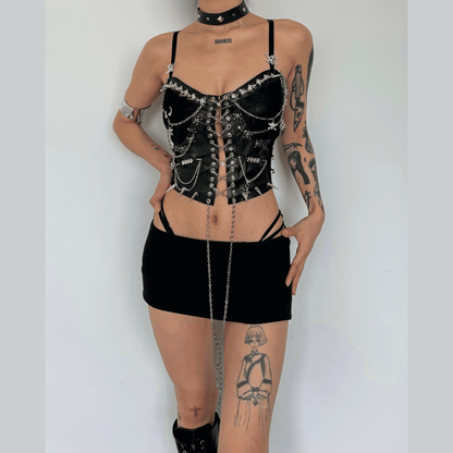Metal chain rivet lace up PU leather cami top