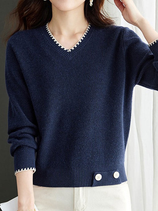 Isabella V-Neck Solid Color Knitted Sweater-Navy Blue