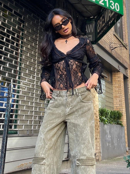 V Neck Tied Slim Fit Lace Hollow Top
