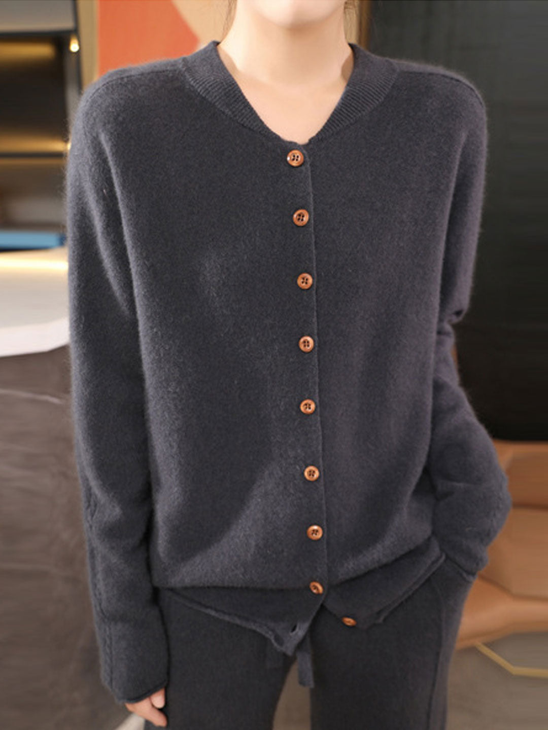 Natalie Classic Crew Neck Solid Color Knitted Cardigan-Red