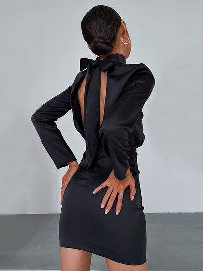 French Turtleneck Backless Lace up Bow A line Dress