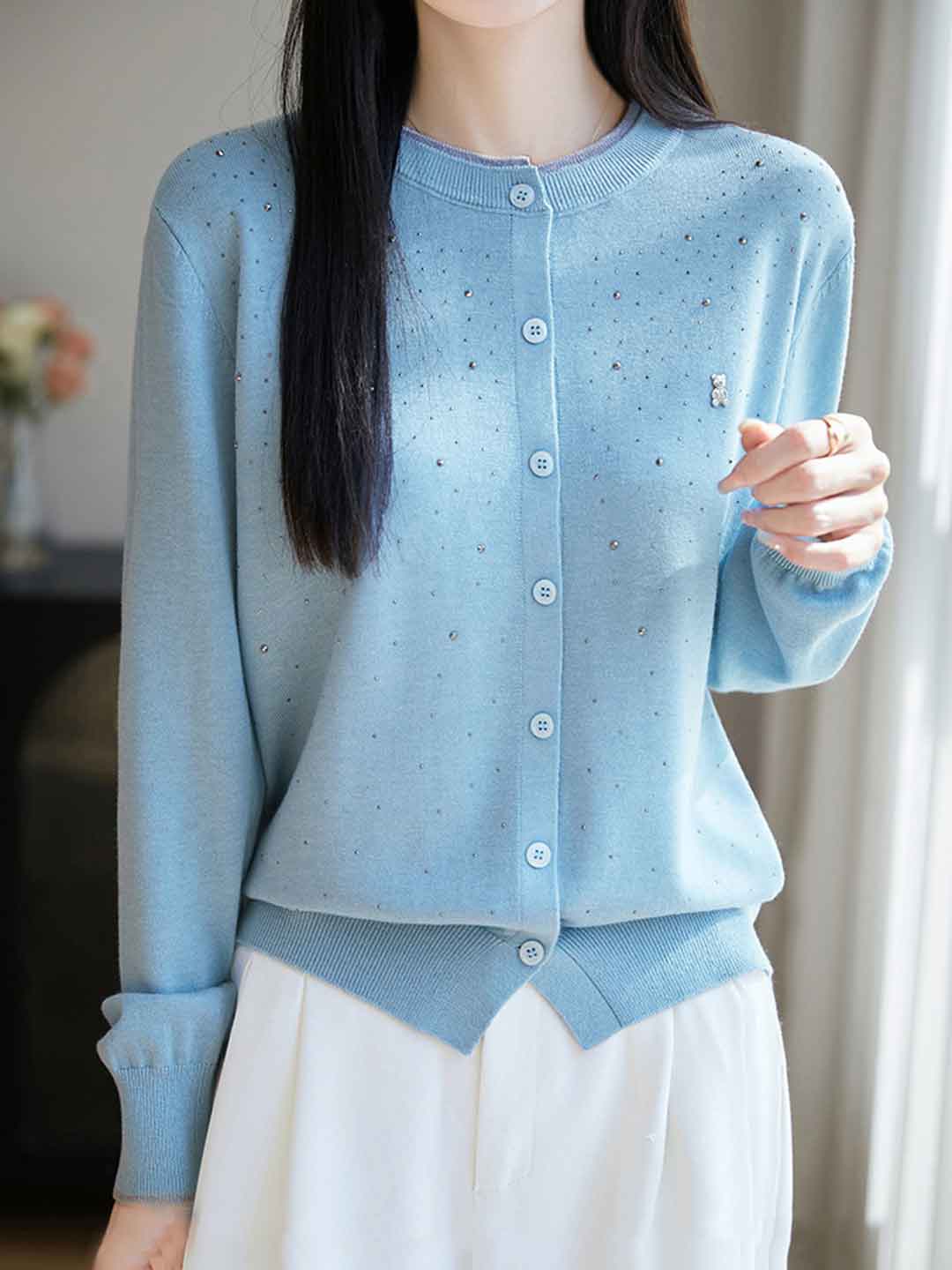 Anna Classic Crew Neck Rhinestone Knitted Cardigan