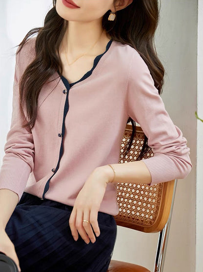 Lauren Casual V-neck Contrasted Knitted Cardigan-Navy Blue