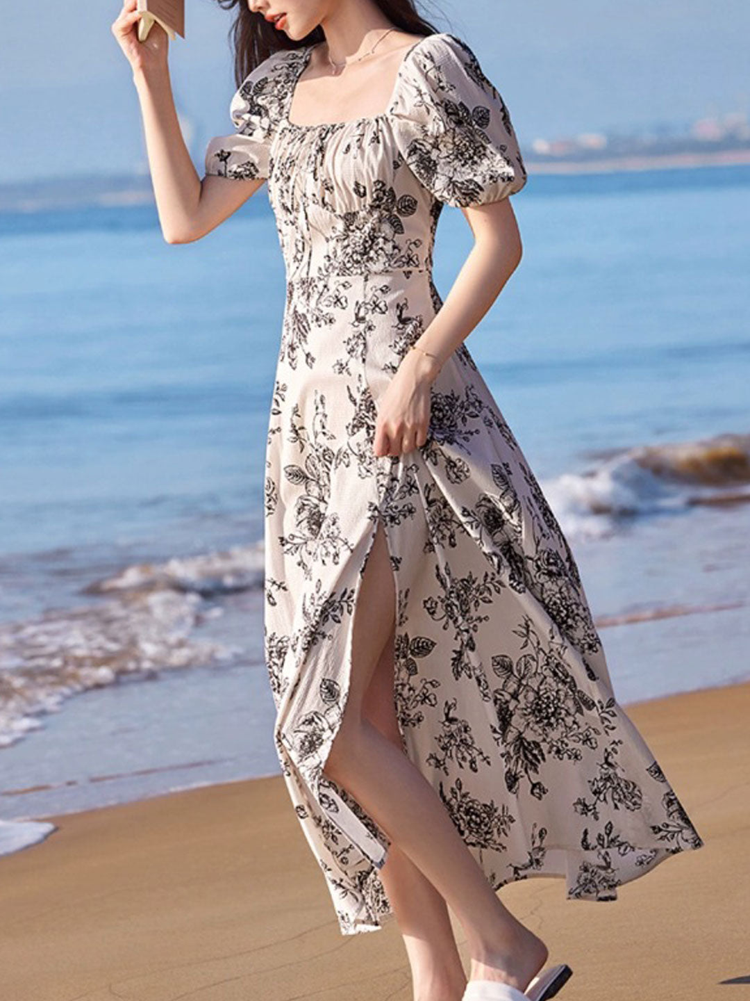 Gianna Elegant Square Neck Puff Sleeve Floral Dress