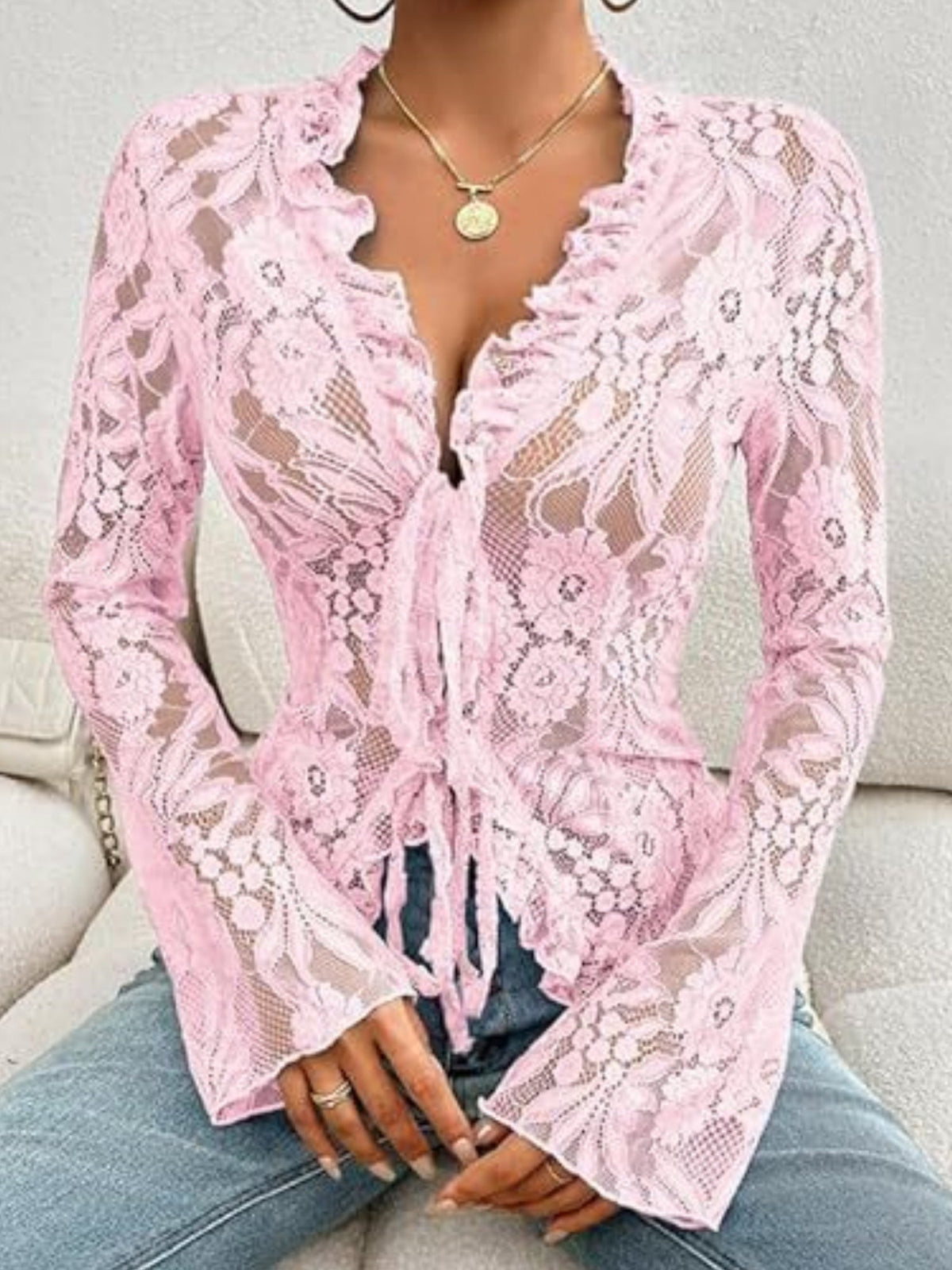 Lace See-through Ruffle Open Front With Tie Sweet T-shirts