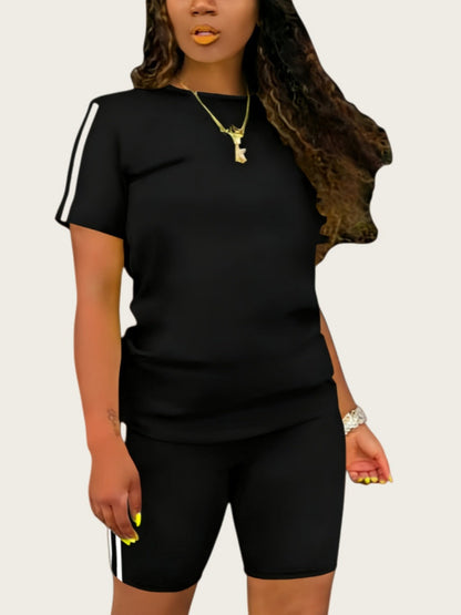 Casual Sporty Color-blocked Striped Short-sleeved Top And Shorts Two-piece Set