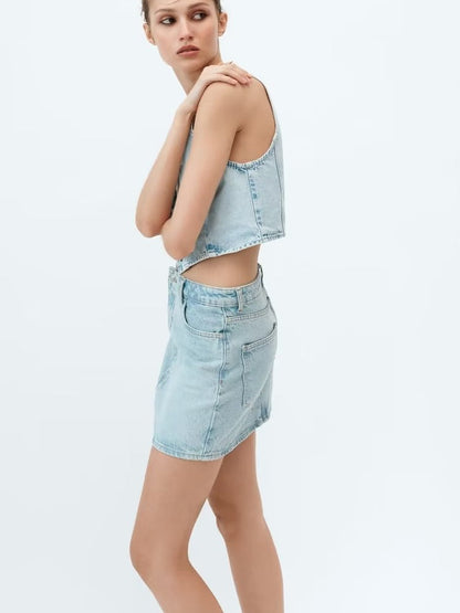 Denim Vest Waist Coat Jacket & Skirt Coord Set