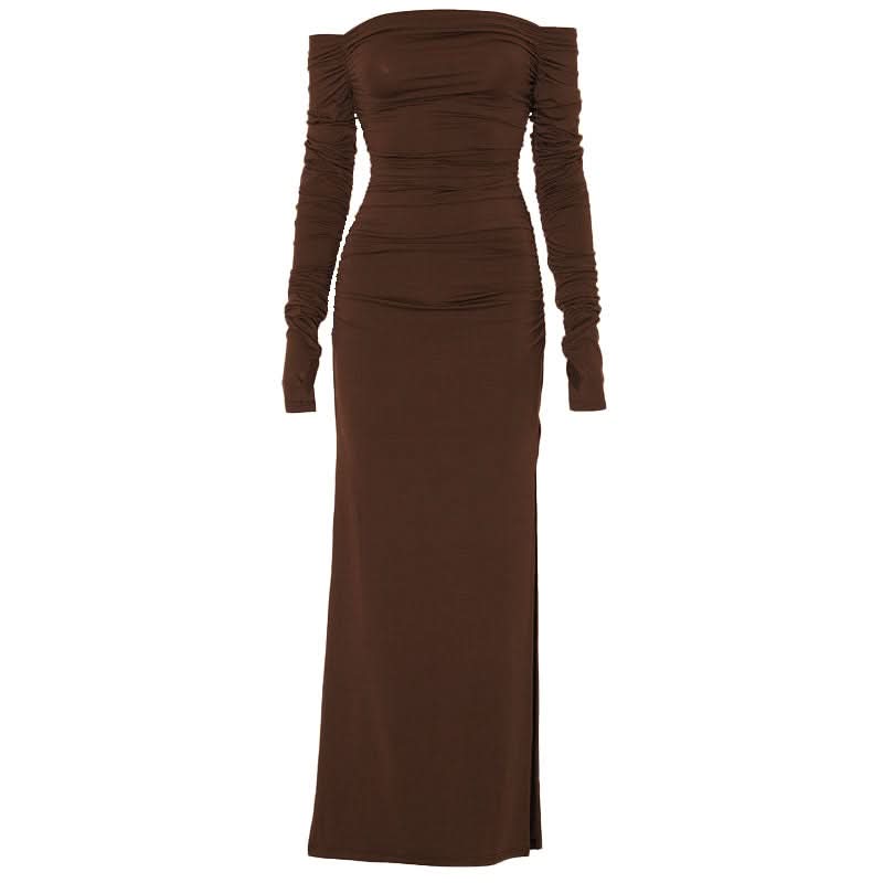 Off shoulder long sleeve slit ruched maxi dress