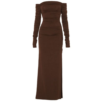 Off shoulder long sleeve slit ruched maxi dress