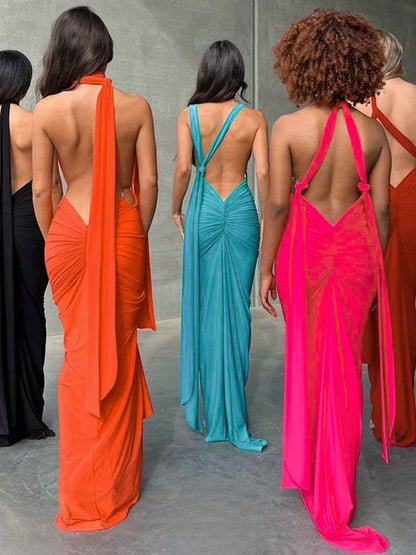 Deep V Neck Backless Hollow Out Maxi Dress