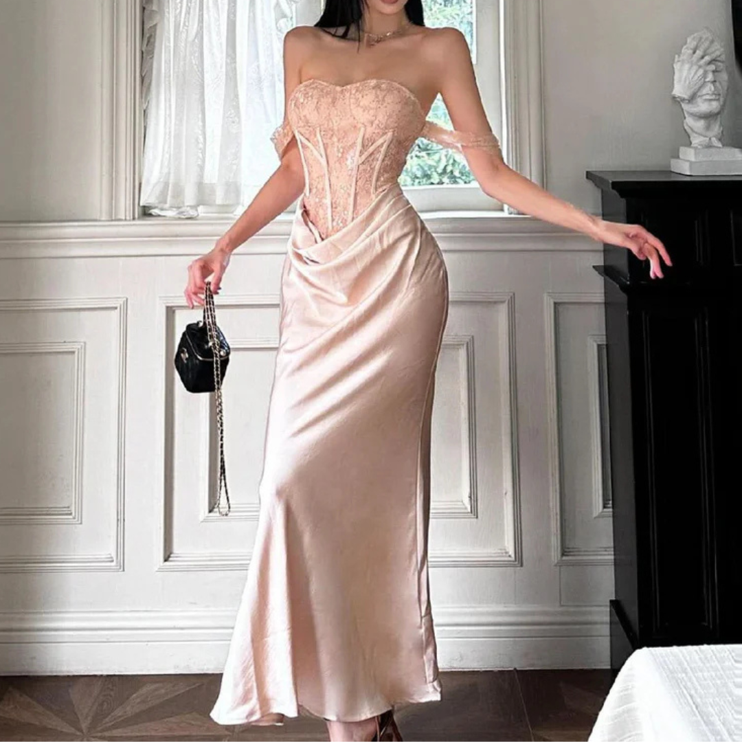Sweetheart neck off shoulder corset lace maxi dress