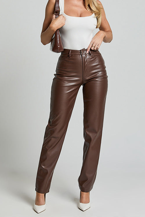 High Rise Pocketed Casual Faux Leather Pants