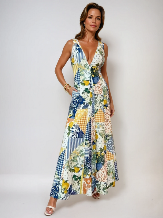 Sleeveless Lemonade Print Lace Trim Long Dress