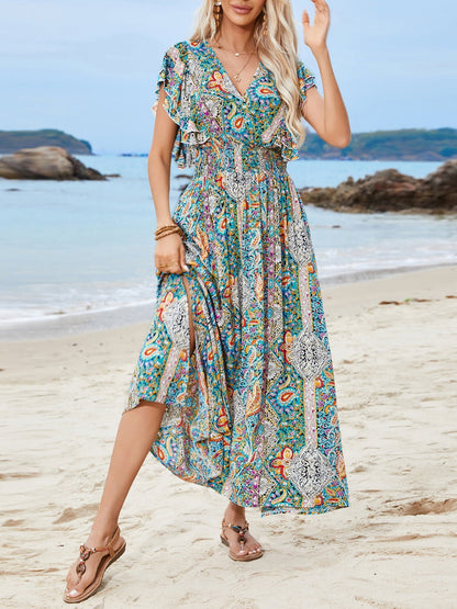 Rayon V-neck Backless Printed Ruffle Short Sleeve Slit Vacation And Leisure Maxi Dresses