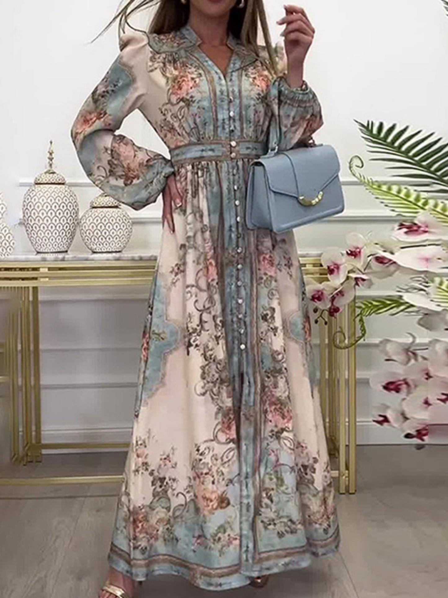 Floral Print V-neck Lantern Sleeves Maxi Dresses