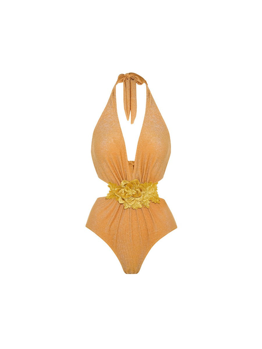 Halterneck Flower Applique Cutout Swimsuit & Skirt Coord Set
