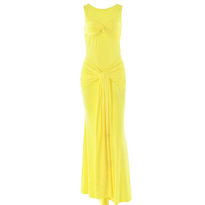 Sleeveless crewneck ruched knotted solid maxi dress