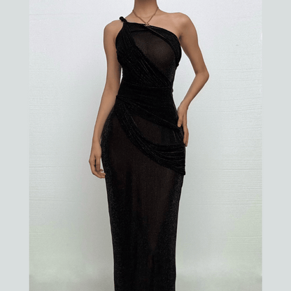 One shoulder irregular patchwork slit cami maxi dress