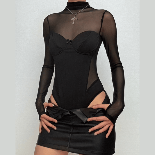 High neck long sleeve mesh bustier bowknot bodysuit
