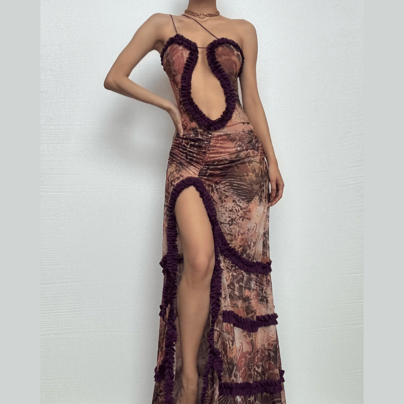 Ruffle spaghetti strap sheer mesh irregular slit maxi dress-final-sale