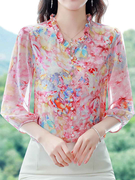 Ariana Vacation V-Neck Auricular Printed Chiffon Top