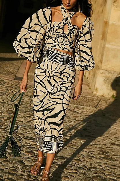 Halter Printed Swimsuit Set with Detachable Sleeves