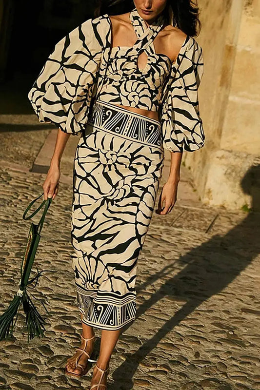 Halter Printed Swimsuit Set with Detachable Sleeves