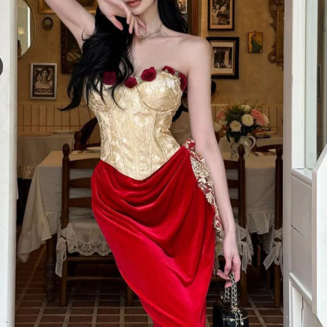 Sweetheart neck bustier flower applique contrast tube maxi dress