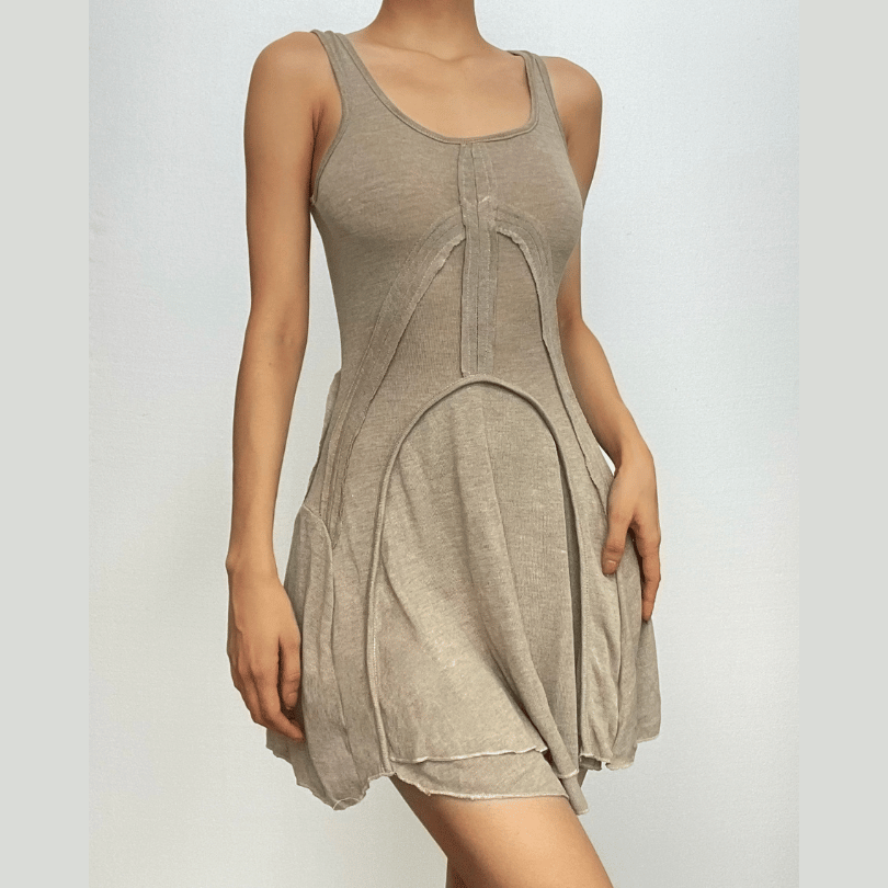 Exposed Seam Arch Panel Scoop Neck Tiered Raw Hem Mini Dress