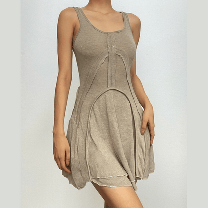 Exposed Seam Arch Panel Scoop Neck Tiered Raw Hem Mini Dress