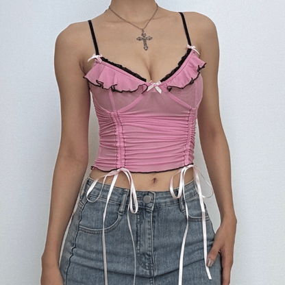 Sheer mesh ruffle drawstring cami top