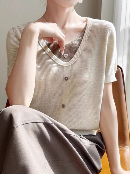 Angelina Casual V-neck Patchwork Knitted Top