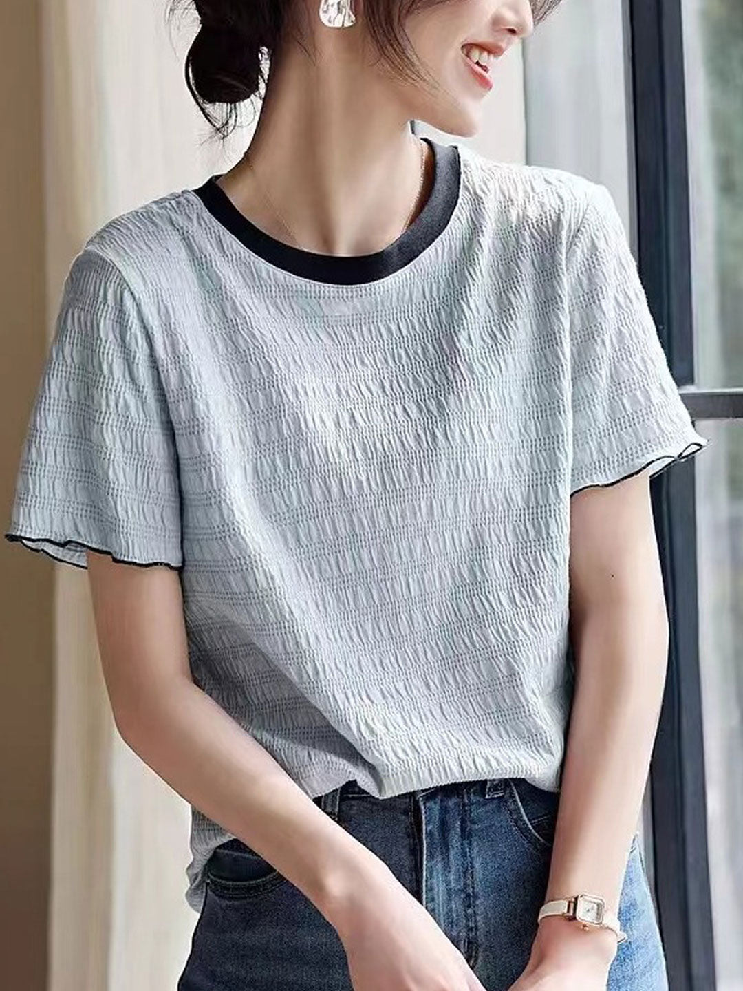 Raya Retro Auricular Textured Patchwork Top – Classylooker