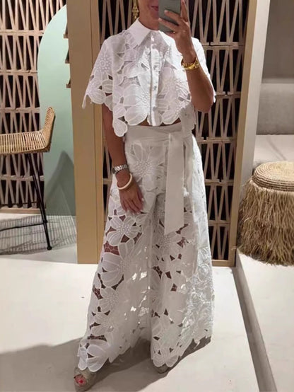 Hollow-out Cardigan Top And Wide-leg Pants Two-piece Set