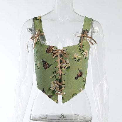 Print bow tie lace up bustier crop top