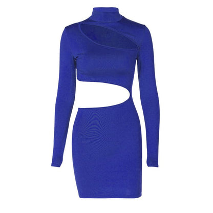 Mock Neck Long Sleeve Asymmetrical Cutout Bodycon Mini Dress