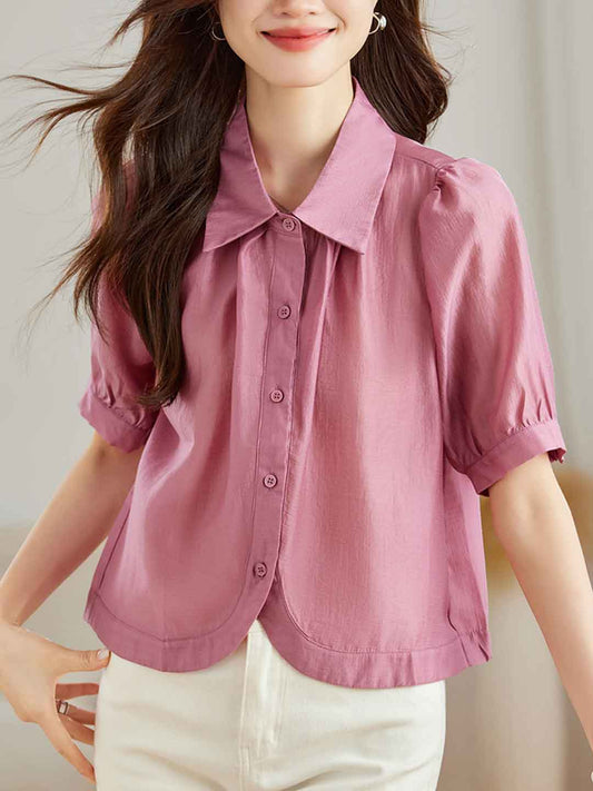 Aaliyah Loose Lapel Puff Sleeve Solid Color Top
