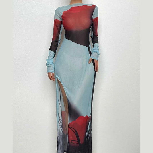 Sheer mesh see through abstract contrast long sleeve slit maxi dress