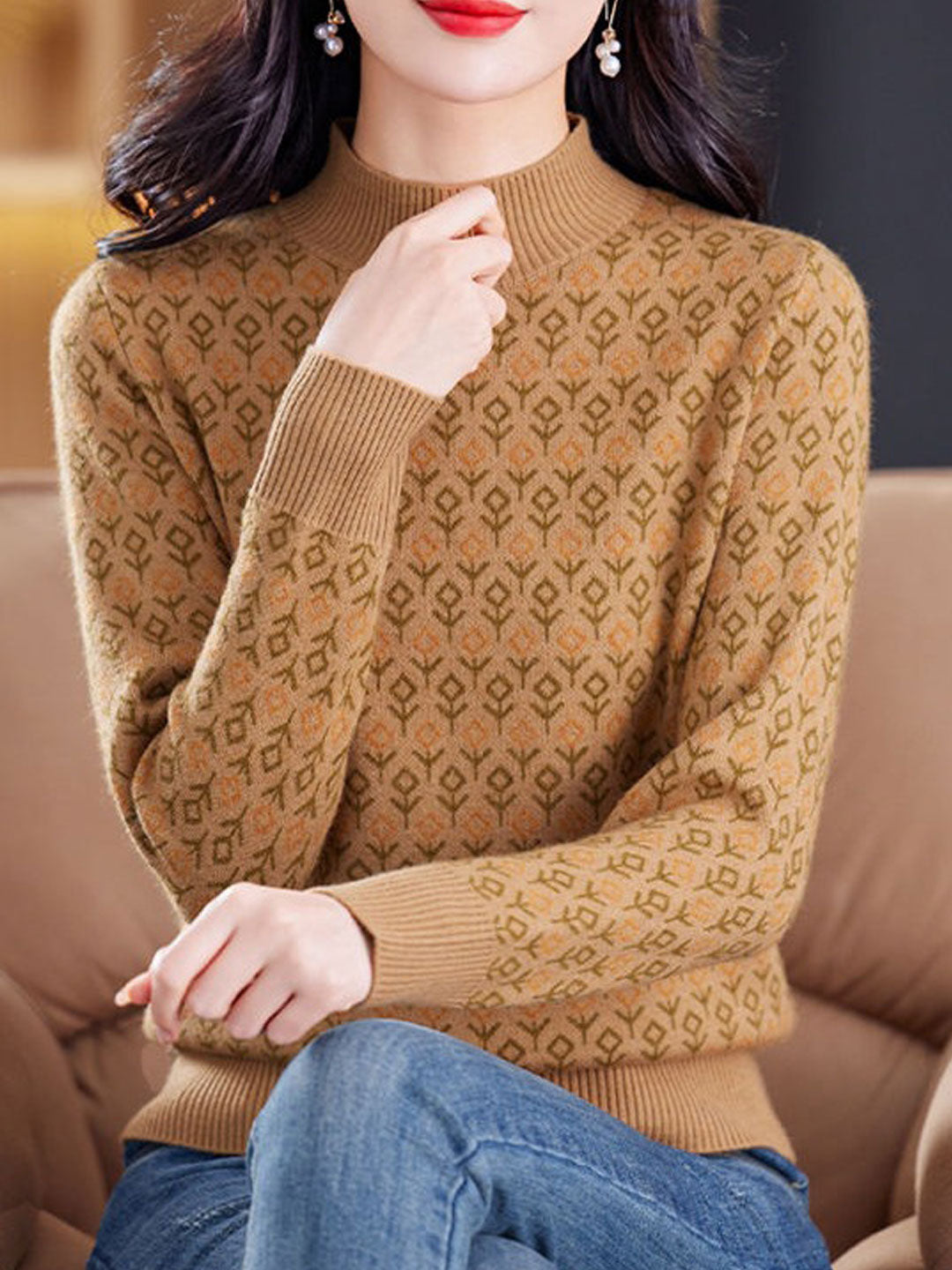 Brianna Classic Jacquard Turtleneck Knitted Sweater