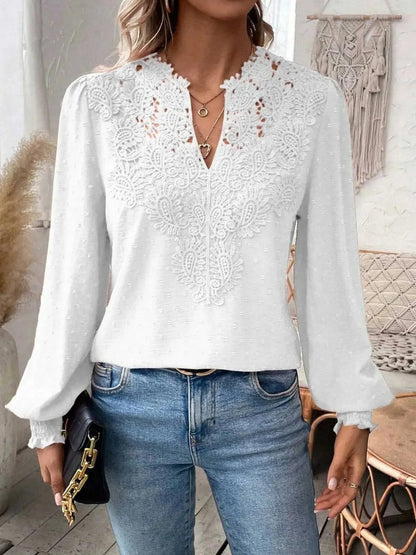 Lace Trim V-neck Long Sleeve Shirt T-shirts