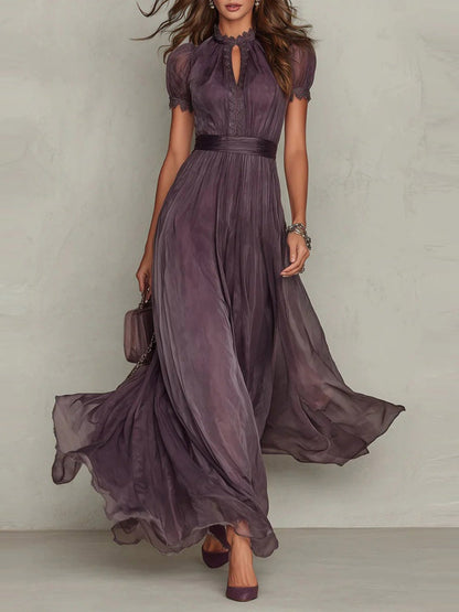 V-neck Waist Ruffle Chiffon Big Swing Maxi Dresses