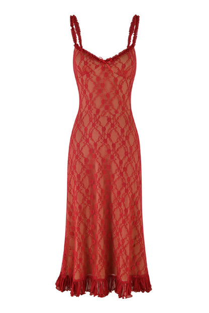 Stylish Plaid Camisole Lace Slim-fit Elegant Midi Dress